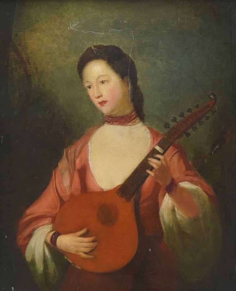 18th/19th century school, 'Portrait of a lady playing the lute, oil on canvas, relined, 53 x 42cm